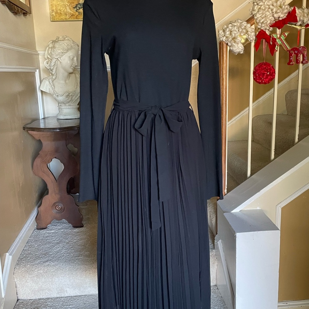 ZESICA Elegant Black Long MIDI long sleeve Dress Sz M tie waist pleated sheer